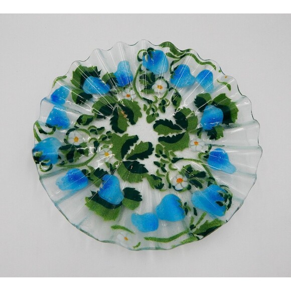 Sydenstricker Blue Strawberry Fused Glass Plate Bowl Ruffled Edge 2 PC Signed - Picture 9 of 11